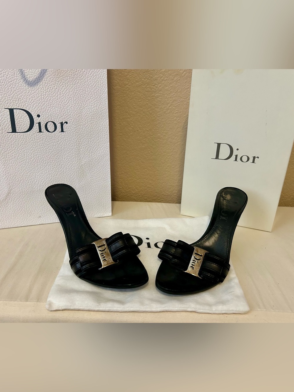 Dior Black Leather Slide Mules with Silver Dior Plaque